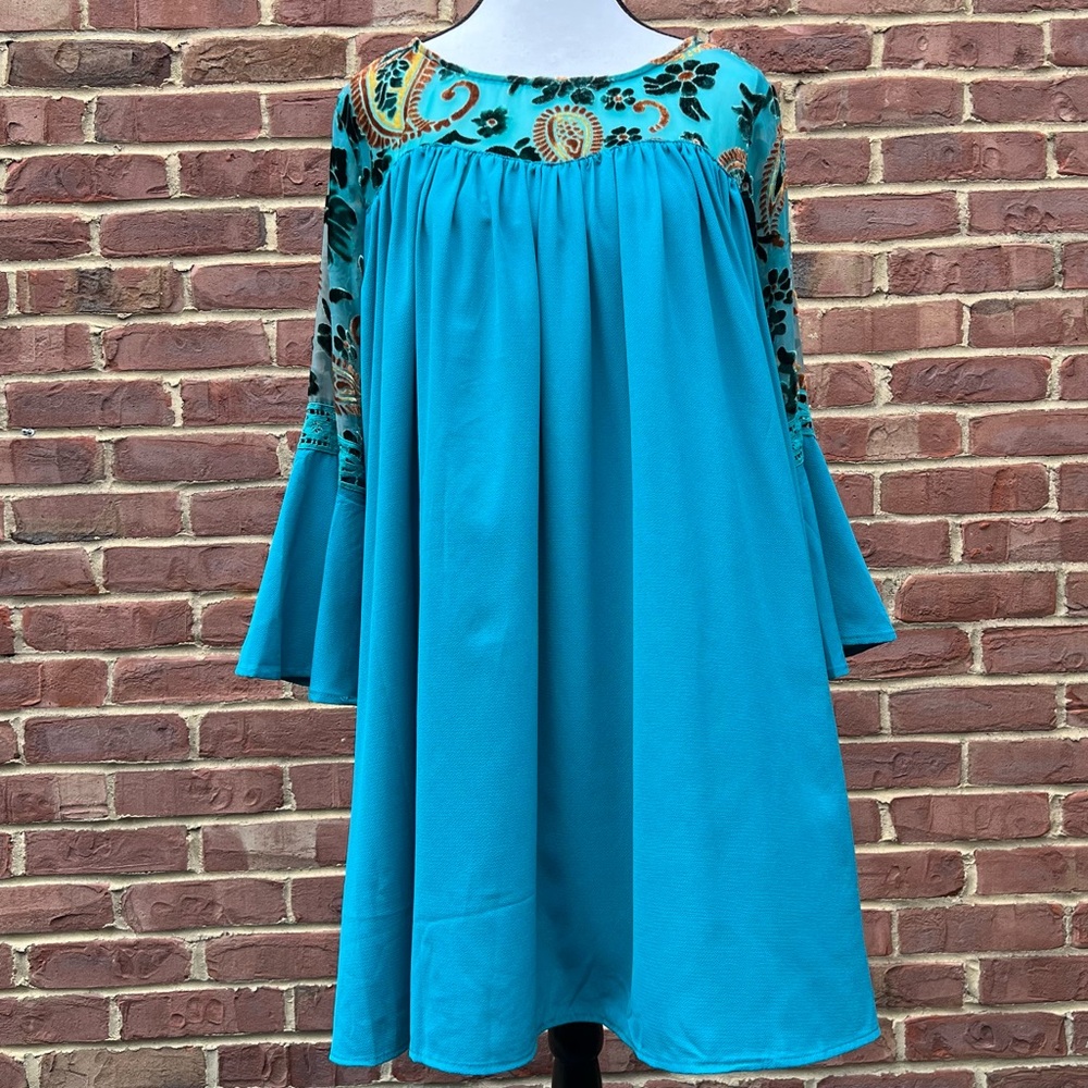 Bluheaven Women’s Teal Paisley Burnout Velvet Dress Sz S Boho Festival Y2K 90s
